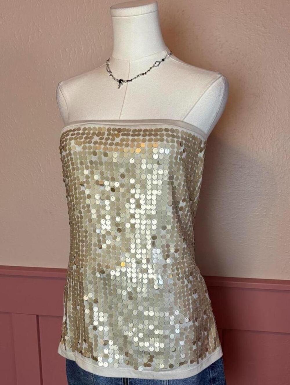 2000s gold sequin strapless top  mandee sz large club y2k glam vintage